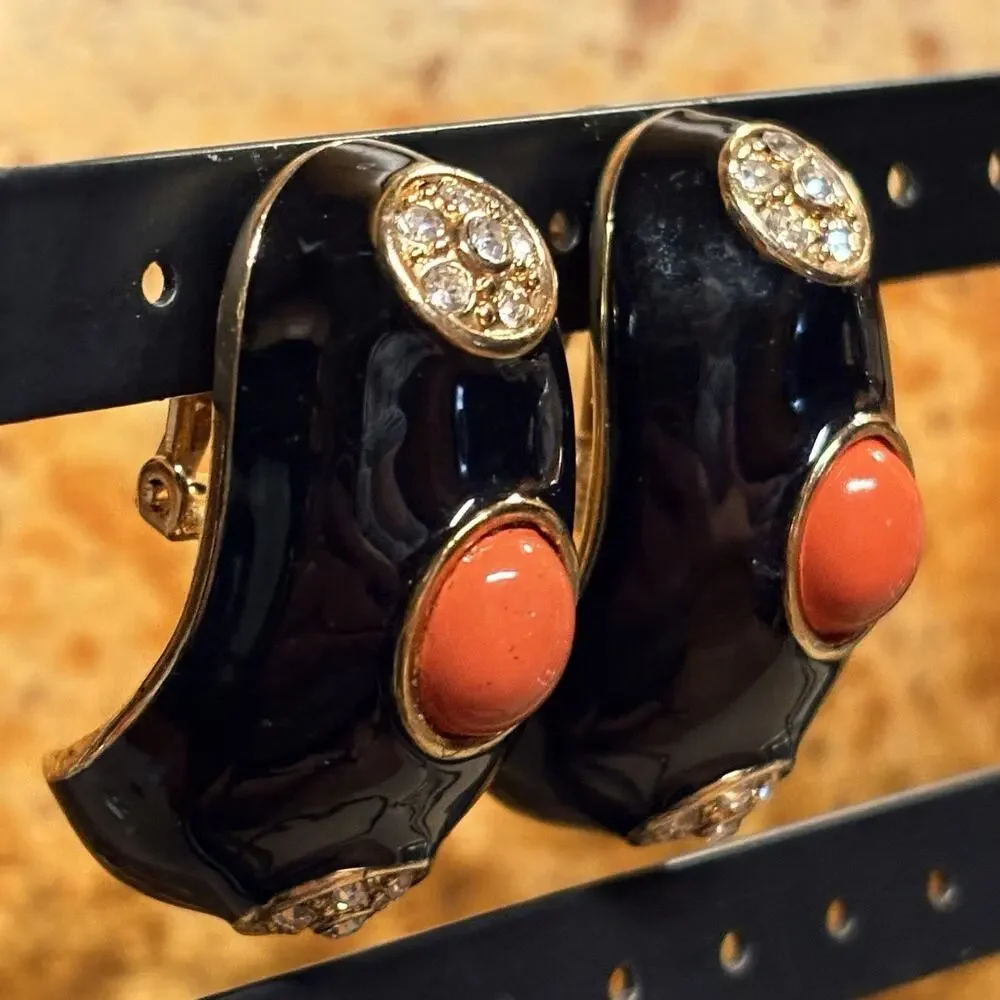 Scaasi 1980's Clip On Earrings Black Enamel, Rhinestones & Coral w/ Gold Vintage